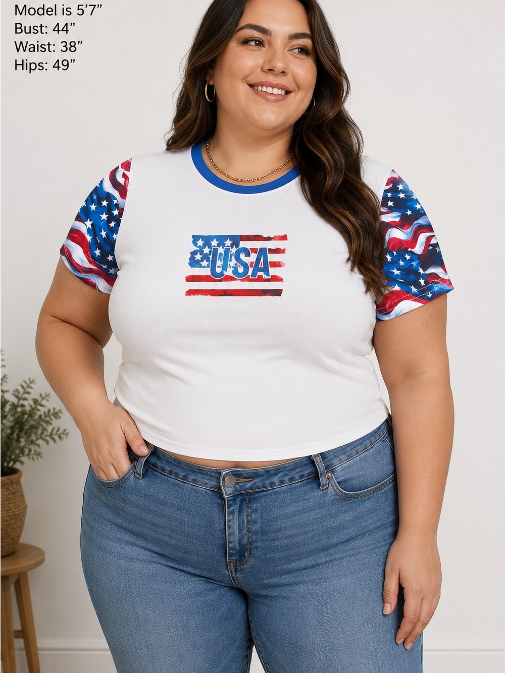 Source Unknown White USA Graphic Crop Tee with Red & Blue Accent Sleeves